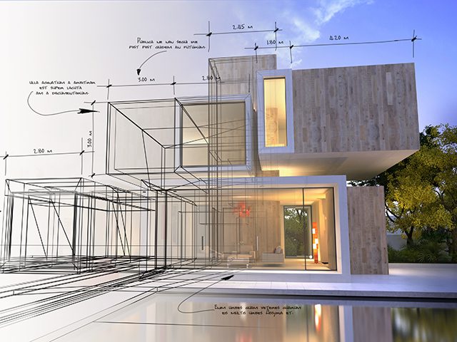 Draft like 3D rendering of a modern luxurious villa with swimming  pool